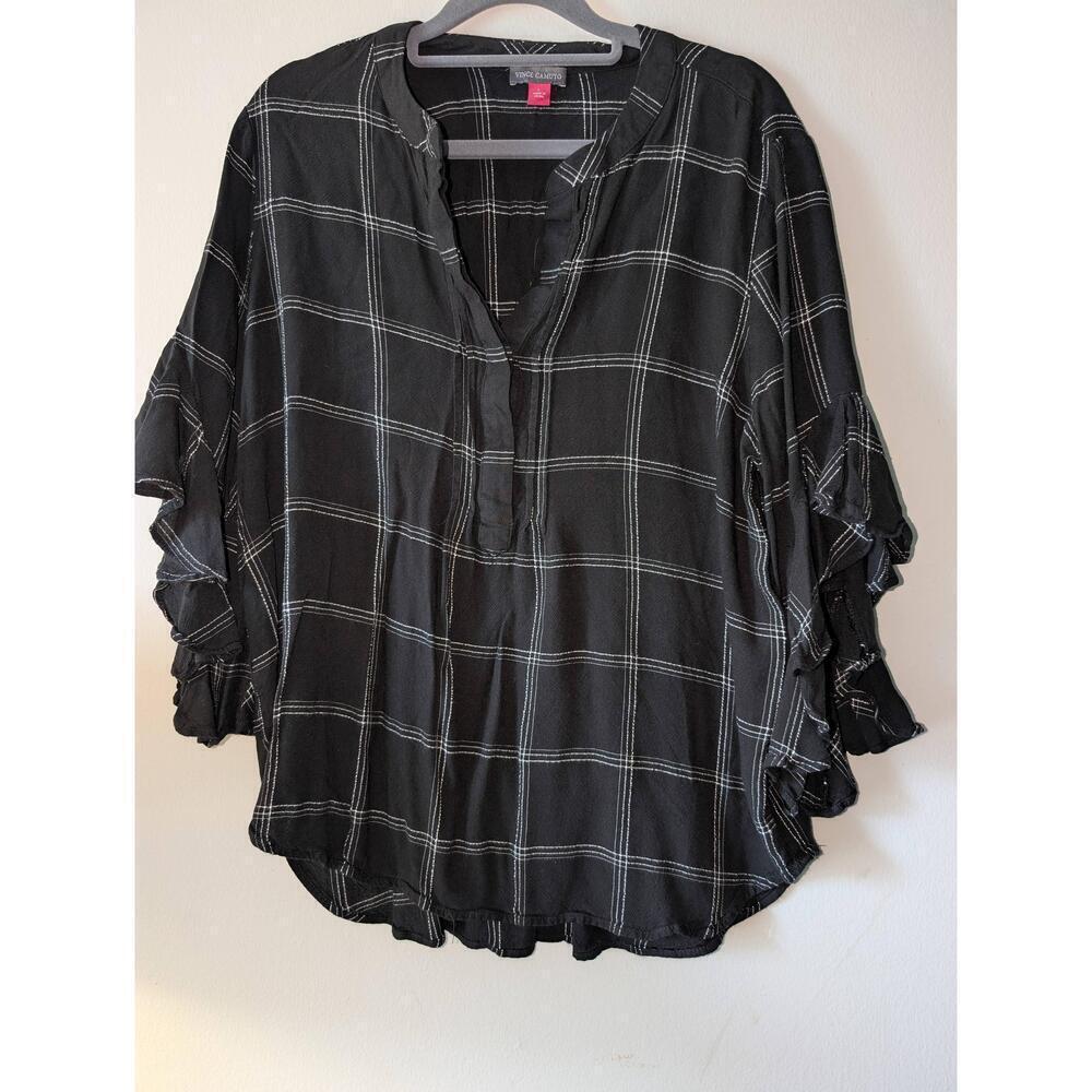 Vince Camuto Black White Plaid Tunic Blouse Large Ruffle Sleeves